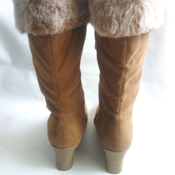 RAMPAGE Tan Faux Fur Wedge Lace Up Mid Calf Boots - Picture 6 of 7